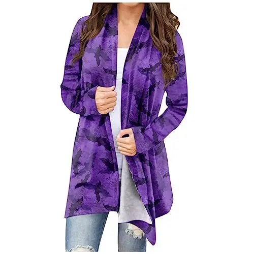 Produktbild: Strandüberwurf Damen Cardigan Damen Rundhals Halloween Homewear Longtops Cartoon Longsleeve Swing Warm Cardigan Damen Tailliertes Schönes Polyester