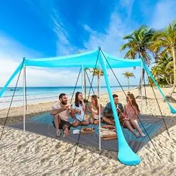Produktbild: Strandzelt UV Schutz riggoo Sonnenzelt Sonnensegel Strand Zelt 3 × 3m Komfort Outdoor-Schatten für Campingausflüge, Angeln, Hinterhofspaß oder Picknicks