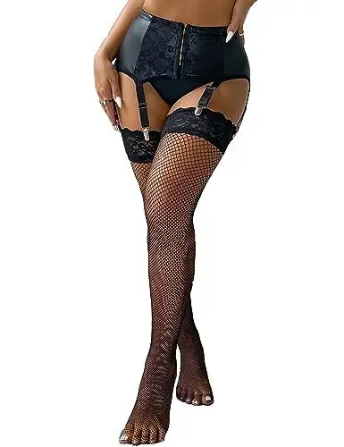 Produktbild: Strapsgürtel mit Strümpfe Damen Leder Strumpfhalter mit 6 Halter Sexy Strapsen Clips aus Metall aus Metall Hosenträger Strumpfband Dessous Set Große Größen(A-Schwarz mit Strümpfe XS-S/36-38)