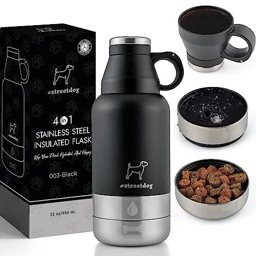 Produktbild: #streetdog Edelstahl Hundetrinkflasche 4 in 1 mit Tasse und Reise- Näpfen, Doppelwandige Hundeflasche für Unterwegs, Reise, Camping, to go, BPA-frei