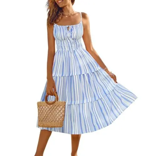 Produktbild: Streifen Modisches Kleid A-Linie Spaghettiträger Fließend Weiße und Blaue XL