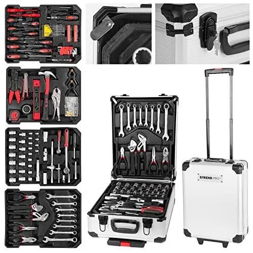 Produktbild: STREND PRO Werkzeugkasten gefüllt, 117-teiliger Werkzeugkasten – perfektes Handwerkzeug-Set für Heimwerker, Werkzeugkoffer, Trolley mit Rollen – Auto-Werkzeugkasten rollbar für Heim-/Autoreparatur – A