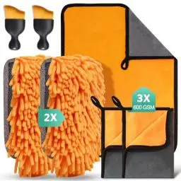 Produktbild: STRHAGO 7 Stück Autopflege Set mit 3 Stück Mikrofasertücher Auto,2Pcs Mikrofaser Waschhandschuh &2er Auto Innenreinigung Weiche Bürsten,600GSM Auto Trockentuch für Haushalts Autowäsche Trocknen