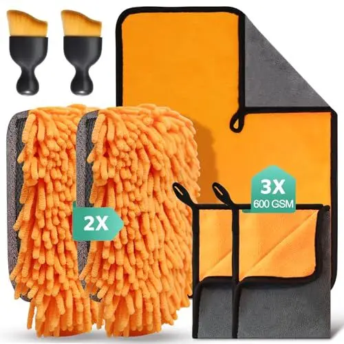 Produktbild: STRHAGO 7 Stück Autopflege Set mit 3 Stück Mikrofasertücher Auto,2Pcs Mikrofaser Waschhandschuh &2er Auto Innenreinigung Weiche Bürsten,600GSM Auto Trockentuch für Haushalts Autowäsche Trocknen