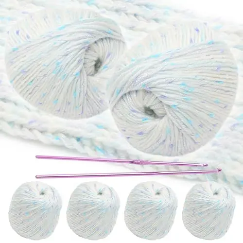 Produktbild: Juibao Baumwolle zum Häkeln Weiß mit Häkelnadeln, 6 Acryl Wollen mit Punkten zum Häkeln 50g, Weiche Babywolle Handstrickgarne zum Stricken, Häkeln und Kunsthandwerk JYB10228 Yarn