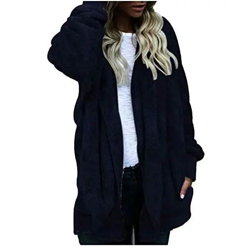 Produktbild: Teddy Fleecejacke Damen Mit Kapuze Winter Warm Super Weich Und Bequem Flanell Kapuzenpullover Teddyjacke Sweatshirt Reißverschluss Langarm Mantel Jacke Frauen Mantel Kapuzenjacke Blau 2XL