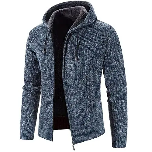 Produktbild: Strickjacke Herren Heavyweight Winterjacke Kapuzen Fleecejacke Sweatjacke Mit ReißVerschluss Gestrickt Trachtenjacke Oversize Thermo Cardigan Blouson Wintermantel Langarm Arbeitsjacke Blau XXL