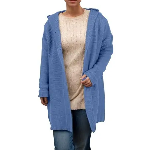Produktbild: Strickjacken Für Damen Lange Elegant Strickpullover Leicht Strickmantel Einfarbig Grobstrick Hoodie Lockere Langarm Dünn Cardigan Open Front Sweater Casual Bequeme Strickcardigan Blau XL