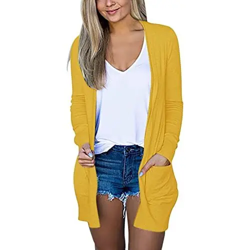 Produktbild: Strickjacken für Damen Sommer Leichte Strickjacke Lang mit Taschen Sommerjacke Damen Elegant Lang Strick-Cardigan Langarm Strickjacke Einfarbig Schmale Passform Cardigan Große Größen Strickjacke