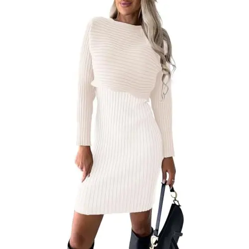 Produktbild: Strickkleid Damen Kurz Einfarbig Gestreift 2 Teiler Träger Strick Kleid Damen Elegant Strick Tuniken Langarm Pulloverkleid Damen Sexy Eng Mode Winterkleid Damen Schöne Sweatkleid Damen Lässig