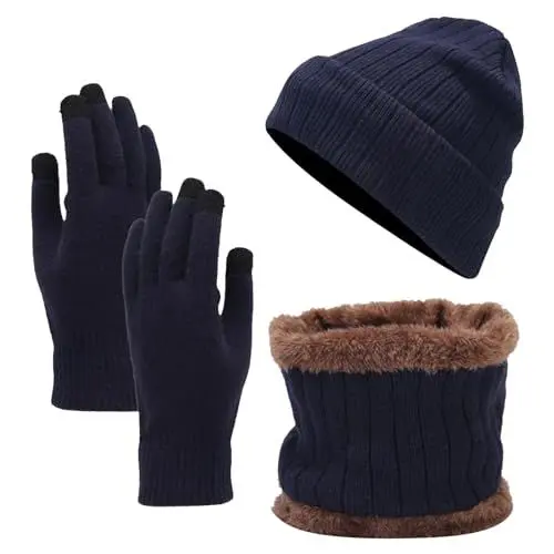 Produktbild: Strickmütze Damen Thermo Wärme mit Fleece Gefütterte Bommel Outdoor Sport Winter Geschenk Mütze, Schal & Handschuh-Sets für Damen