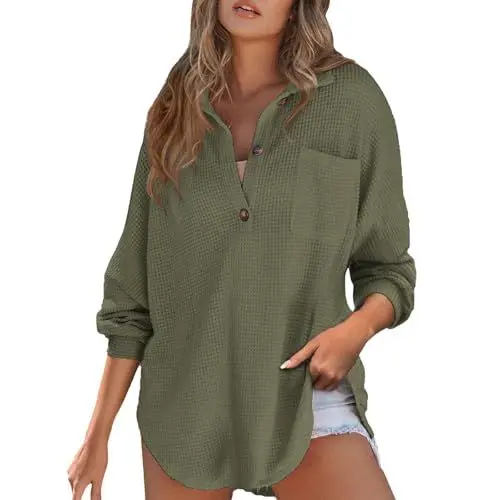 Produktbild: Strickpullover Damne Pullover Frauen Waffel Strickhemd Stricken Top T Shirts Einfarbig Langarm V-Ausschnitt Langarmshirts Casual Tuniken Top Wrap Longtops Damen Lange Sweatshirts(A1-Grün,XL)