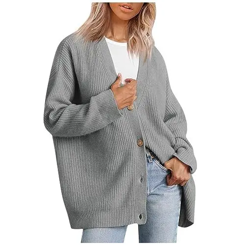 Produktbild: Strickpullover Unterdamen Knöpfen Strickpulli Herbst Mode V Ausschnitt Offen Reisen Weic Cardigan Damen Schlichte Langarm Lockeres Jersey Grau