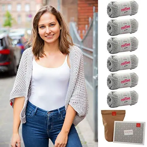 Produktbild: Myoma Seelenwärmer Strickset - Baumwolle Grau Mit Rundstricknadel 5mm - Strickanleitung - 6X Wolle Zum Stricken + GRATIS Label