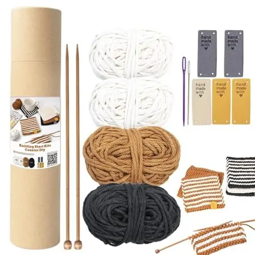 Produktbild: Strickset für Anfänger Erwachsene komplett mit Stricknadeln – Zubehör für Glasuntersetzer Schal aus Wolle zum Stricken – Geschenkidee Bastelbedarf und Kits