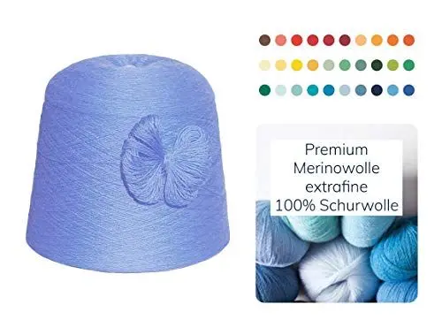 Produktbild: Strickwolle 1 kg 1000g Merinowolle Extrafine 100% Schurwolle Schafwolle Handstrick Wolle zum Stricken Häkelwolle Häkeln Garn Nadel 2,5 3 3,5 4 - Blau Hellblau