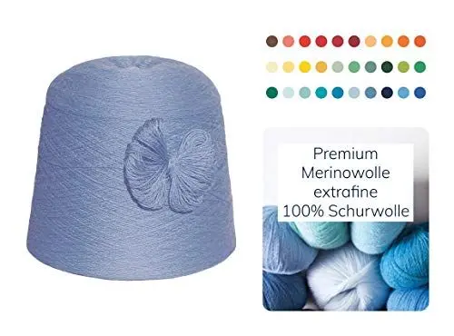 Produktbild: Strickwolle 1 kg 1000g Merinowolle Extrafine 100% Schurwolle Schafwolle Handstrick Wolle zum Stricken Häkelwolle Häkeln Garn Nadel 2,5 3 3,5 4 - Blau Rauchblau