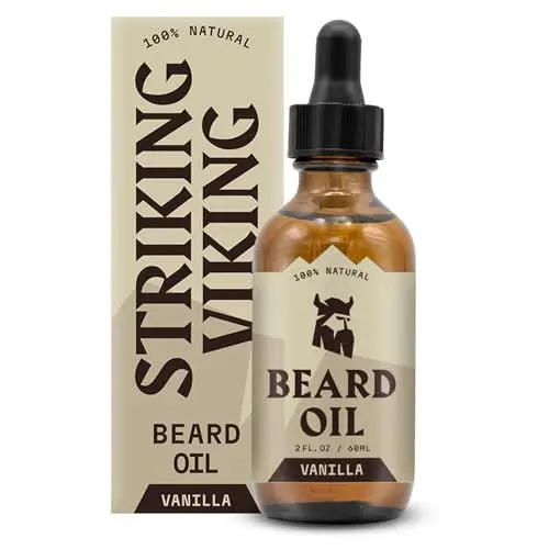 Produktbild: Striking Viking-Vanille-Bartöl (groß 2 oz.) – 100% natürliche Bartspülung mit Bio-Argan- und Jojoba-Bartölen mit Vanilleduft – macht weich, spendet Feuchtigkeit und stärkt das Bartwachstum