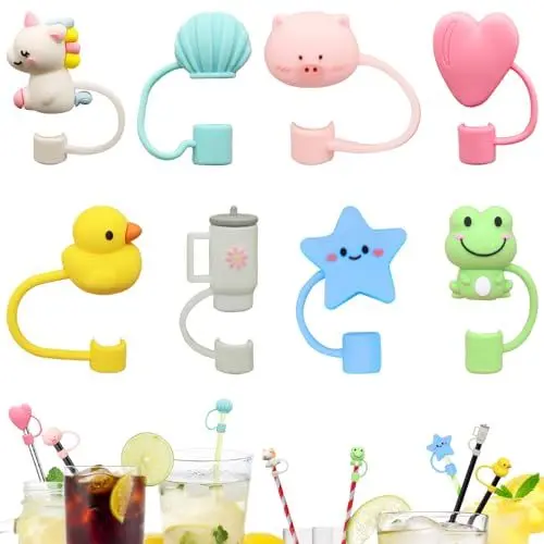 Produktbild: Strohhalm Abdeckung, 8 Stück Entzückende Silikon Strohhalme Abdeckung Wiederverwendbare Abdeckung Getränke Gläser Strohhalme Staubdichtes Strohdeckel Cup Zubehör (8-10mm)