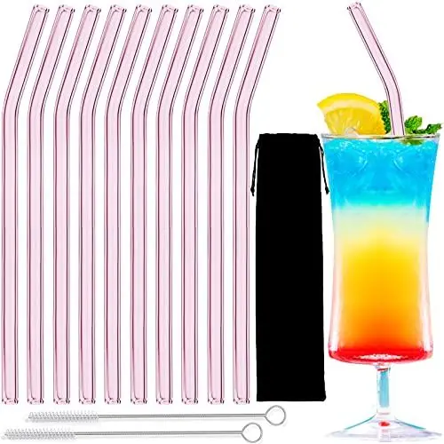 Produktbild: Strohhalm aus Glas, gebogen, 20,3 cm, wiederverwendbar, mit Reinigungsbürste für Becher, Tervis, Starbucks Becher, Einmachgläser - STRAW0020-PK-10 Pink 10pcs