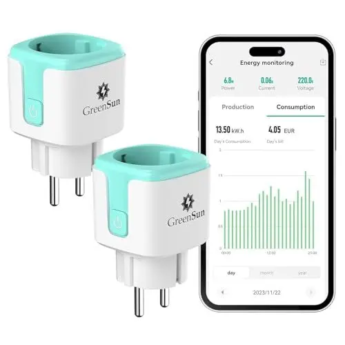 Produktbild: GreenSun Stromzähler für Balkonkraftwerk - Wlan Steckdose Smart Life Stromverbrauchsmesser Alexa Steckdose Sprachsteuerung mit Alexa Smart Home Steckdose Mini PV Zeitschaltuhr Steckdose 16A 2PC