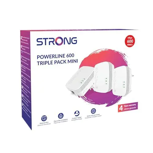 Produktbild: STRONG - Powerline 600 Triple Set Mini - 3 Powerline-Adapter 600 Mbps - Highspeed-Internetzugang - 300 m Reichweite - Für alle Boxen/Router - LAN-Anschluss - Plug & Play-Installation - weiß