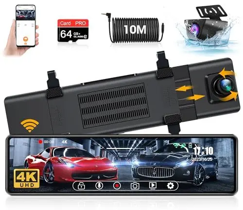 Produktbild: <strong>Aktualisierung:</strong>  4K WiFi Spiegel Dashcam mit Rückfahrkamera mit 64G SD-Karte, Jansite Rückfahrkamera Spiegel Auto Kamera mit 12