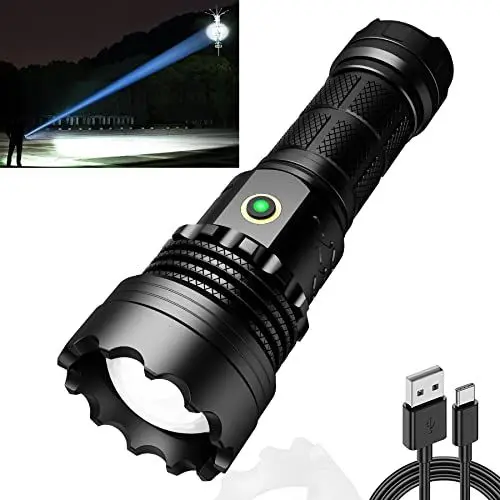 Produktbild: <strong>3km Extremweitschuss:</strong> LED Taktische Taschenlampe Extrem Hell 30000 Lumen, starke, batteriebetrieben, USB aufladbar, IPX67 Wasserdicht,5 Lichtmodi für Camping Wandern Notfälle(1 * 26650 Akku)