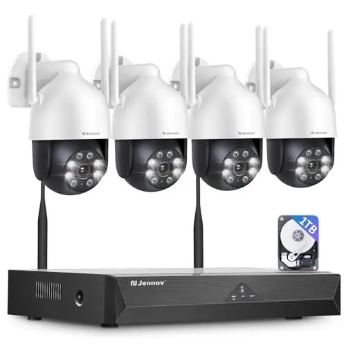 Produktbild: <strong>5MP+360°PTZ:</strong>  Jennov Überwachungskamera Set Aussen WLAN, 10CH 5MP NVR und 4Pcs PTZ WiFi Kameras mit Farbe Nachtsicht, 2-Wege Audio, 24/7 Aufnahme, Personenerkennung, Automatische Verfolgung,1TB HDD