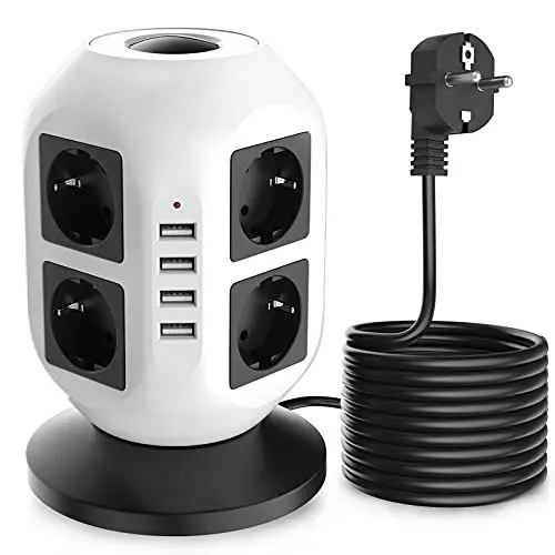 Produktbild: <strong>5M:</strong>  VANPOO 12 Fach Steckdosenleiste mit 4 USB，Mehrfachsteckdose Tower，5 Meter Verlängerungskabel, mit Doppel Schalter，Desktop Steckdosenturm Überspannungsschutz für Garten Büro küche