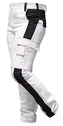 Produktbild: strongAnt Damen Arbeitshose komplett Stretch Weiß Pink für Frauen Malerhose mit Kniepolstertaschen - Weiß-Schwarz/Pinke Naht. Größe: 88