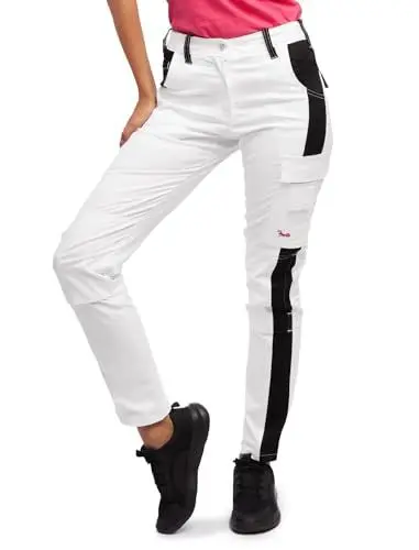 Produktbild: strongAnt Damen Arbeitshose komplett Stretch Weiß für Frauen Malerhose mit Kniepolstertaschen - Weiß-Schwarz. Größe: 44