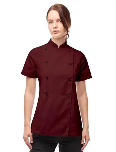Produktbild: strongAnt Damen Kochjacke Kurzarm inkl. Kugelknöpfe aus easyClean Baumwolle. Kochuniform, Bäckerjacke - Bordo Gr.S