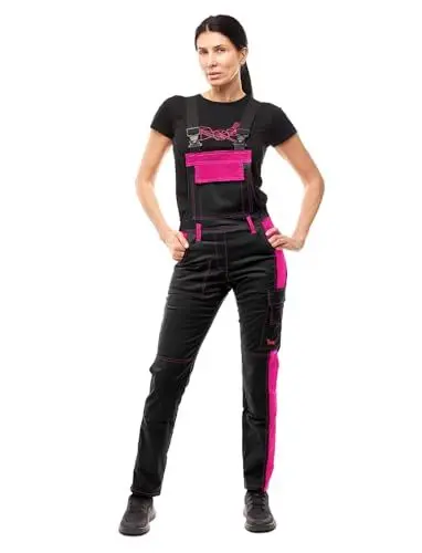 Produktbild: strongAnt Latzhose Damen Strong Cotton Stretch mit Kniepolstertaschen Latzhose für Handwerk und Bau – Schwarz-Pink, Gr. 46