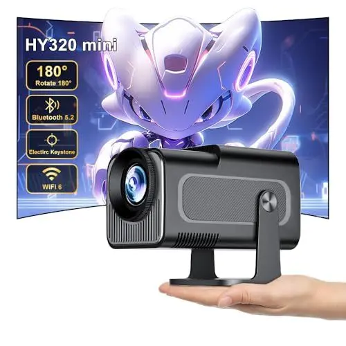 Produktbild: <strong>HY320 Mini:</strong>  Beamer Full HD Unterstützt 4K Android Outdoor Handy,Portable Heimkino Mini Projektor WiFi Bluetooth 1080P,180 Grad Drehen,Tragbarer Beamer Decke mit TV Stick/USB/Laptop/HDMI Schwarz