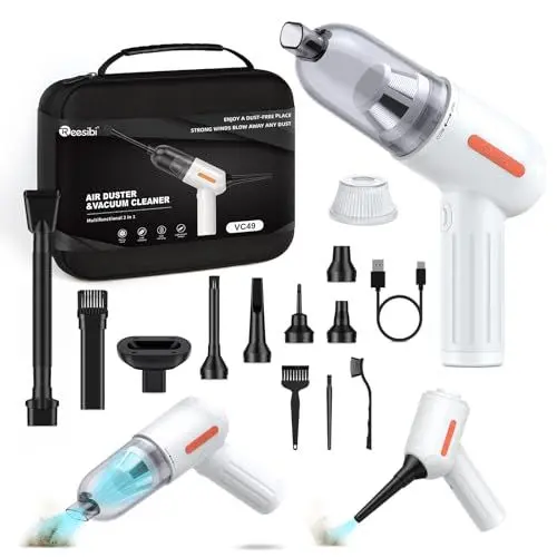 Produktbild: <strong>Upgrade Bürstenloser Motor:</strong> 3 in 1 Mini Handstaubsauger, 3-Gang 15KPA Auto Staubsauger, 150000 U/min Druckluftspray Elektrische Staubgebläse mit 7600 Akku für PC Reinigungsset, AUTO, Sofa