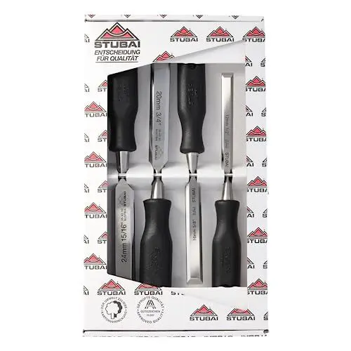 Produktbild: STUBAI 3543 Stemmeisensatz Stechbeitel Set mit schwarzem Plastikgriff & extra langer Klinge, 4-teilig (12,16,20,24 mm), Stemmeisen zur präzisen Bearbeitung von Holz hochwertiges Werkzeug für Schreiner Tischler Heimwerker