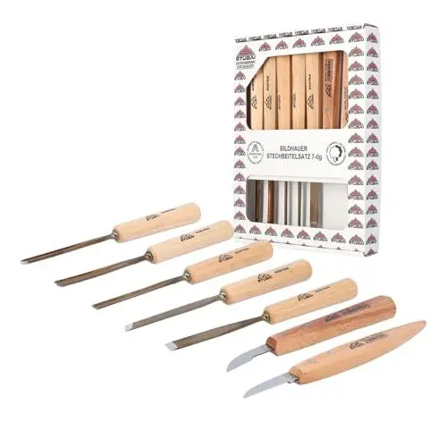 Produktbild: STUBAI Schnitzersatz | 7-tlg. | Balleisen 5 mm & 10 mm + Hohleisen 4 mm, 6 mm & 10 mm + 2 Kerbschnitzmesser | Schnitzwerkzeug für Schnitzarbeiten zur Holzbearbeitung | professionelles Schnitz-Set