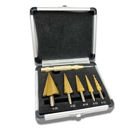 Produktbild: Stufenbohrer-Set, 6-teilig, Hochgeschwindigkeitsstahl, Titanbeschichtung, Kobaltkegel, Stufenbohrer mit automatischem Körnerstanzer, für DIY-Kunststoff, Holz, Metall, Aluminium, Eisen
