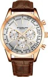 Produktbild: Stuhrling Original Herren-Chronograph Uhr – Analoge Armbanduhr mit silbernem Zifferblatt, Datum, roségoldenem Edelstahlgehäuse, Tachymeter & 24-Stunden-Anzeige, braunes Lederarmband