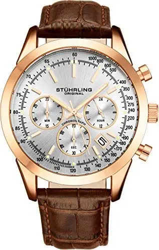 Produktbild: Stuhrling Original Herren-Chronograph Uhr – Analoge Armbanduhr mit silbernem Zifferblatt, Datum, roségoldenem Edelstahlgehäuse, Tachymeter & 24-Stunden-Anzeige, braunes Lederarmband
