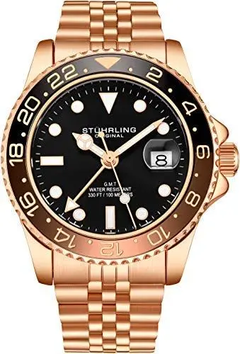 Produktbild: Stuhrling Original Herren Edelstahl Jubiläumsarmband GMT Uhr - Schweizer Quarz, Dual Time, Quickset Datum mit verschraubter Krone, wasserdicht bis 10 ATM (Rose Gold)