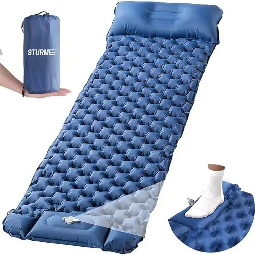 Produktbild: STURME Camping Isomatte Selbstaufblasend mit Fußpresse Pumpe, Outdoor Aufblasbare Luftmatratze Ultralight Isomatte, Camping Matratze, Faltbare Schlafmatte mit Kissen für Outdoor