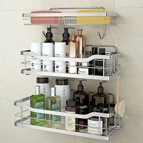 Produktbild: stusgo Duschkorb ohne Bohren, Duschkörbe Selbstklebend, Dusch Organizer mit 4 Haken, Rostfrei Shampoo Halterung für Badezimmer, SUS304 Edelstahl Shower Caddy, 3 Stück