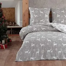 Produktbild: Style Heim Biber Bettwäsche 200x200 cm Flauschige Winterbettwäsche 3 Teilig 100% Baumwolle mit Reißverschluss Bettwäsche-Set Kissenbezüge 80x80cm, Wendebettwäsche Rentier Schneeflocke, Weiß Grau