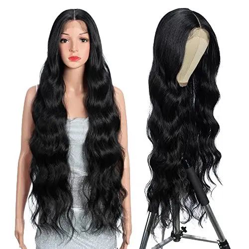 Produktbild: Style Icon Lange schwarze Wellig Perücke Synthetische Lace Front Perücke für Damen 91 cm Super lange Körperwelle Perücke mit Babyhaar 13x5x1 Mittelscheitel Spitze Hitzebeständige Faser 150% Dichte