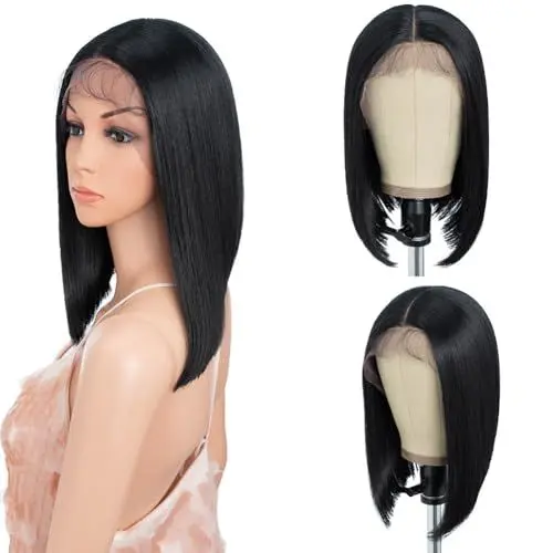 Produktbild: Style Icon Perücke Bob Wig Lace Front Wigs for Black Women Straight Synthetic Wig 130% Density High Temperature Fiber (12 Inch, 1)