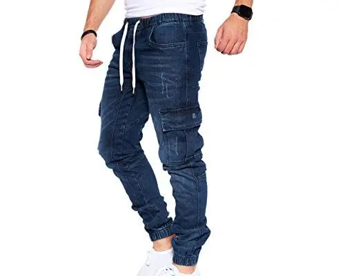 Produktbild: Styleko Herren Cargo Jeans Hose für Männer Jungen Regular Slim Fit Denim Destroyed Jogger Freizeithose Casual Stretch Pants 8003 (Dark Blue-Elasten, 34W/32L)