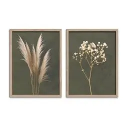 Produktbild: STYLER Bilder Set Boho 2x 30x40 cm (AUFHÄNGFERTIG) mit hochwertigem Rahmen – Natürliche Schönheit für Ihr Zuhause – Grün Oliv Beige Minimalistisch Pampas Gras