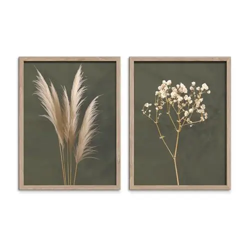 Produktbild: STYLER Bilder Set Boho 2x 30x40 cm (AUFHÄNGFERTIG) mit hochwertigem Rahmen – Natürliche Schönheit für Ihr Zuhause – Grün Oliv Beige Minimalistisch Pampas Gras